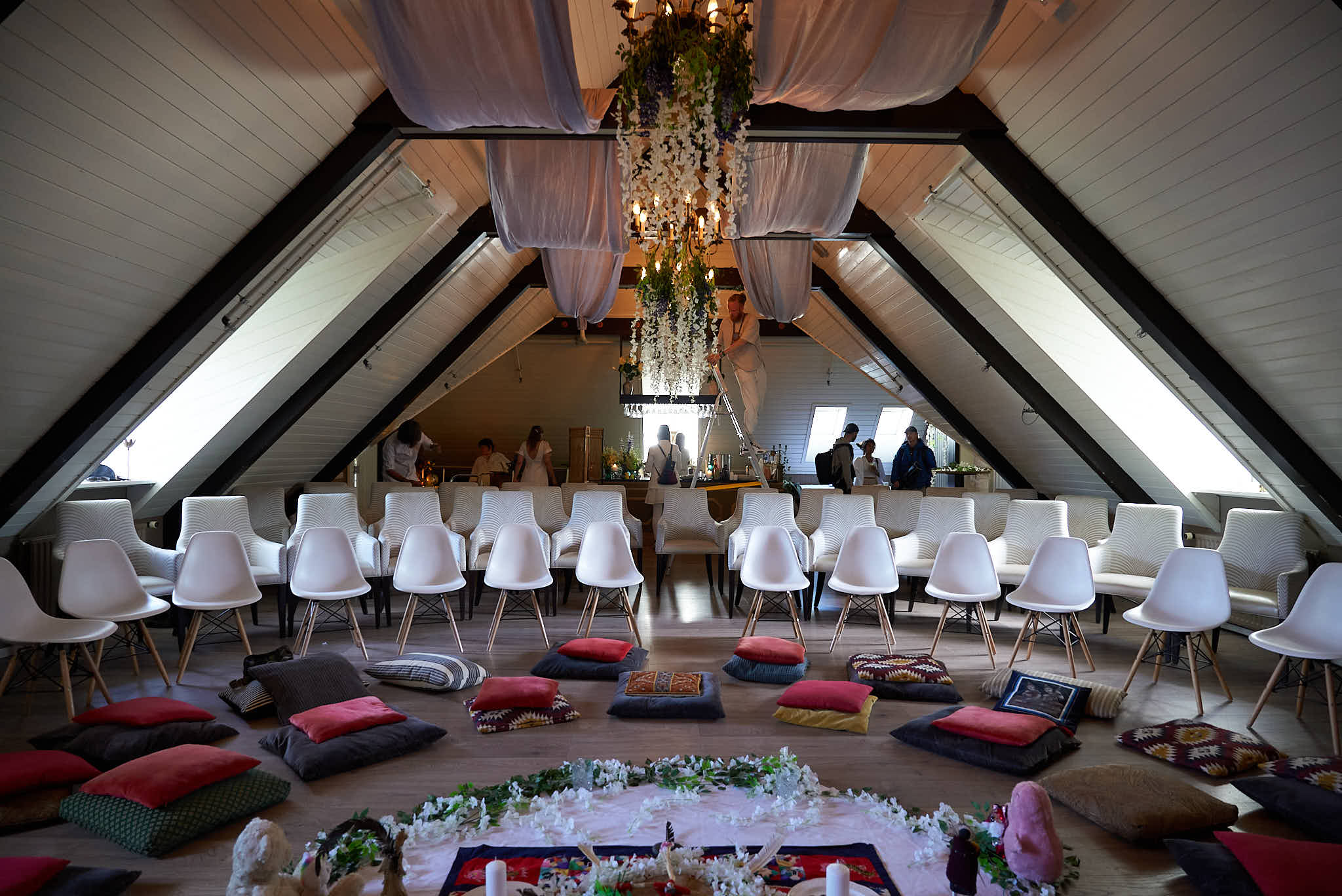 Kornhlaðan ready for a ceremony — chairs arranged at Bankastræti 2